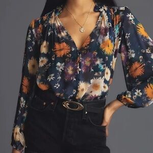 Anthropologie Estela Floral Long Sleeve Sheer Blouse Top Multi Blue XS